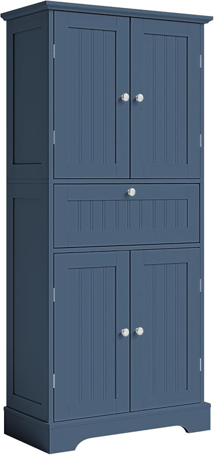 ChooChoo 51" H Tall Bathroom Floor Cabinet, Modern Bathroom Storage Cabinet with Drawer and Adjustable Shelves, Freestanding Kitchen Pantry Cupboard with 4 Doors for Living Room, Blue