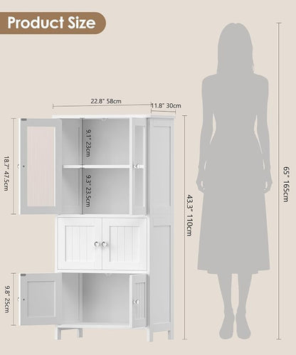Akxomel 43.3'' H Bathroom Storage Cabinet, Bathroom Floor Cabinet with 6 Doors, Linen Cabinet with Transparent Doors, Modern Bathroom Cabinet for Living Room, Kitchen, Entryway, White