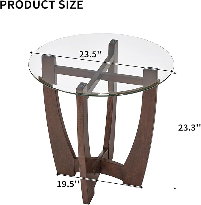 LKTART Glass End Table, 23.5" Round Side Tables with Tempered Glass Top Cross and Solid Wood Base Small Night Stand for Living Room Office Apartment Cherry
