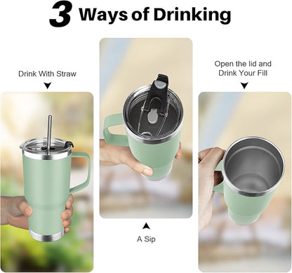 20 oz Tumbler with Handle, Stainless Steel Insulated Tumbler with Lid and Straw, Double Wall Vacuum Coffee Mug Tumbler, Insulated Coffee Thermal Cup for Cold and Hot (Matcha)