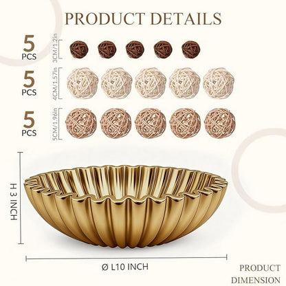 Large Modern Ruffle Bowls, Artificial Stone Decorative Catch All Bowl for Kitchen Counter and Entryway Table, Handcrafted Fruit Bowls and Key Bowl for Home Decor(Golden)