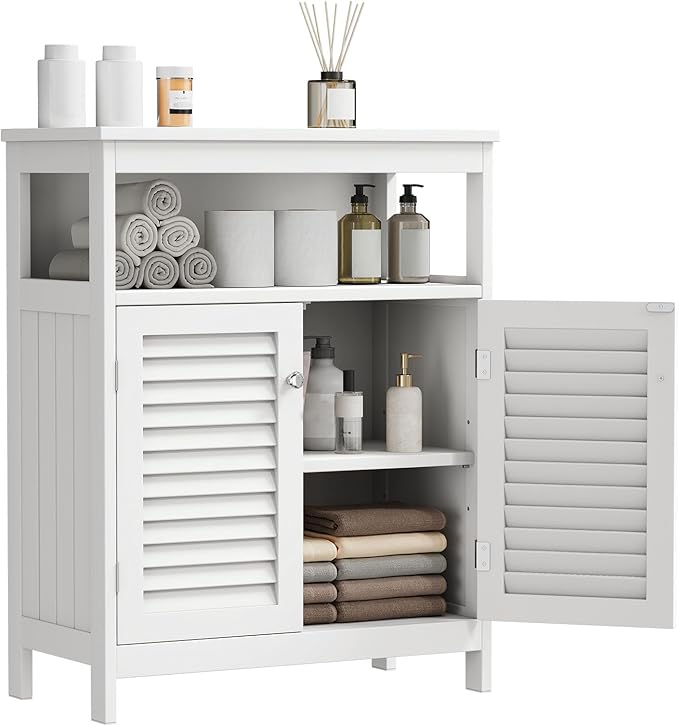 White Bathroom Storage Cabinet with Shutter Doors, 31.5 x 23.6 x 15.7 in Freestanding Floor Cabinet with Removable Shelf, for Bathroom, Living Room, Kitchen