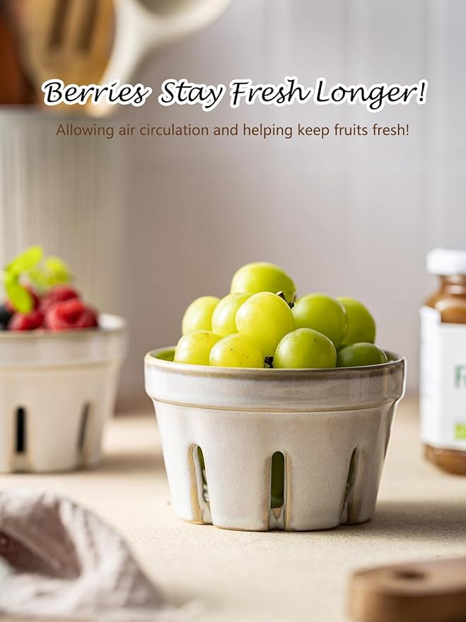 Gomakren Ceramic Fruit Basket Set of 2, Round Fruit Bowl with Holes, Fruit Storage Containers for Fridge, Small Berry Basket for Kitchen Counter, Berries, Strawberry, Grape, Cherry, White