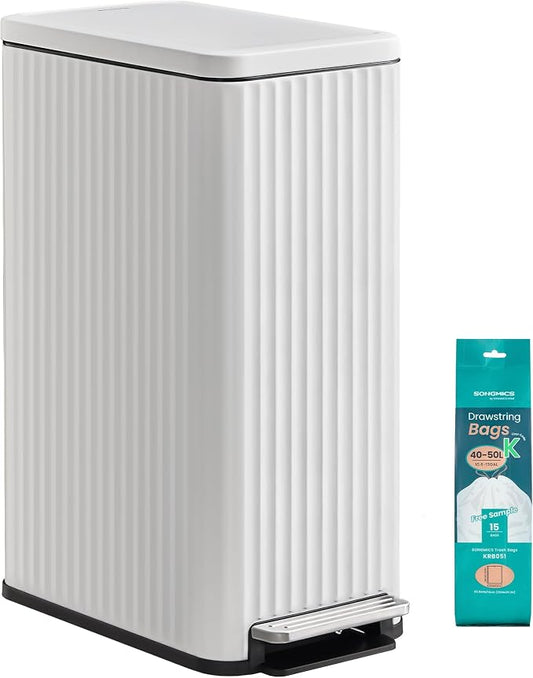 SONGMICS Trash Can, 13 Gallon (50 L) Slim Garbage Can for Kitchen, with Soft-Close Lid, Pedal, Removable Inner Bucket, Stainless Steel, 15 Trash Bags, Space-Saving, Cloud White ULTB350WZ01