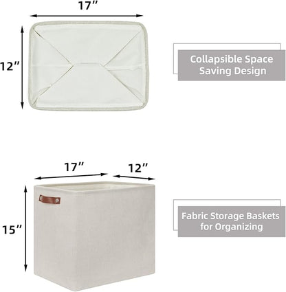 HNZIGE Collapsible Canvas Linen Storage Basket, Set of 2, Large Fabric Cloth Baskets, Rectangular Shelf Baskets with Leather Handles, Organizing Storage Baskets for Storage Closet, Home, Office(Gream)