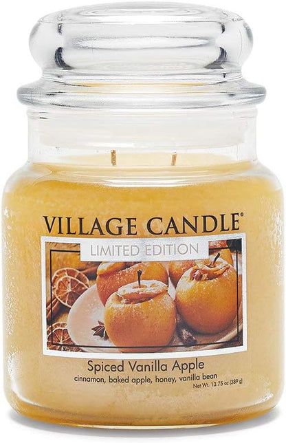Village Candle Spiced Vanilla Apple Medium Apothecary Jar Candle, 13.75 Oz, Traditions Collection, Ivory