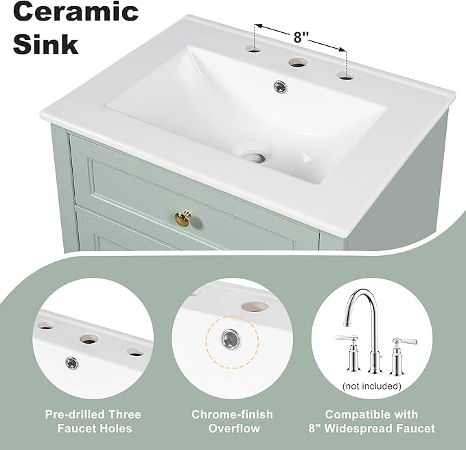 24'' Bathroom Vanity with Sink, MDF & Pinewood Construction, 3 Drawers & Cabinet with 2-Tier Door Storage Rack, Soft-Close Door & Drawers, Modern Design for Small to Medium Bathrooms, Green