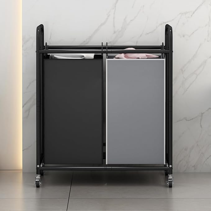 SUOERNUO Laundry Sorter Basket 2 Bag Laundry Hamper Cart with Rolling Lockable Wheels and Removable Bags Laundry Organizer Cart for Clothes Storage