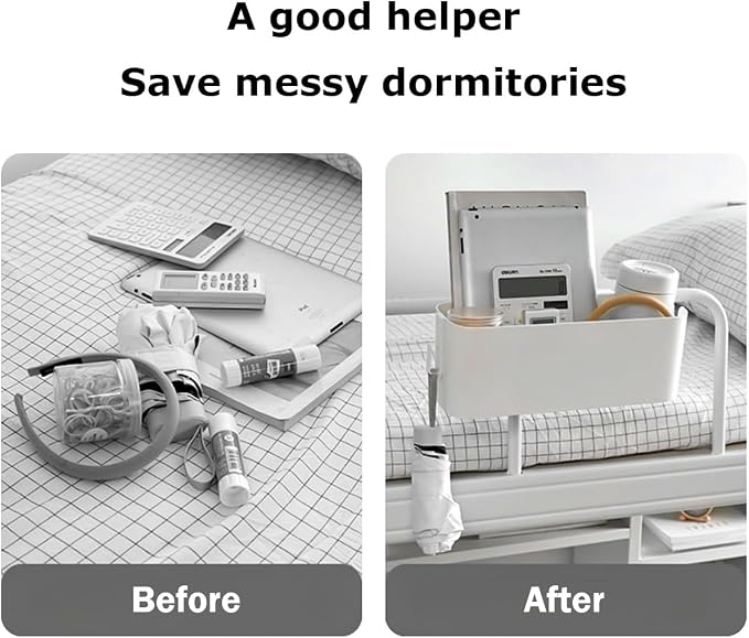 Bedside Caddy Hanging Basket Organizer with Hooks Dorm Bunk Beds Shelf Night Table Storage Holder for Remote Controls Magazines Phone Glasses Bottle (White)