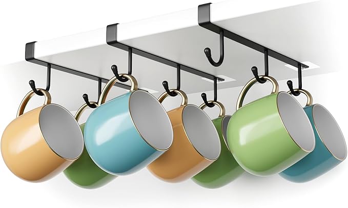 ECROCY Coffee Mug Holder Under Cabinet Only Fits Shelves up to 3/4" Thick, Clip-On Coffee Mug Organizer Pack of 3, No Drilling Free Damage