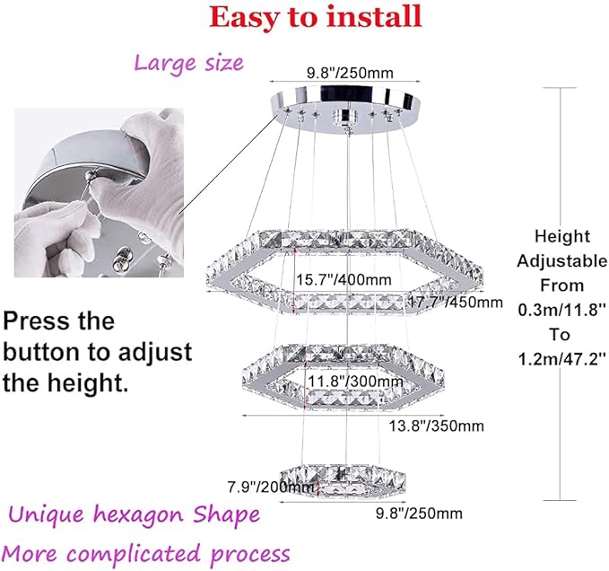 Modern Crystal Chandeliers Big 3 Rings LED Ceiling Light Adjustable Stainless Steel Pendant Light for Bedroom Living Room Dining Room (6500K Cool White)(25cm+35cm+45cm)