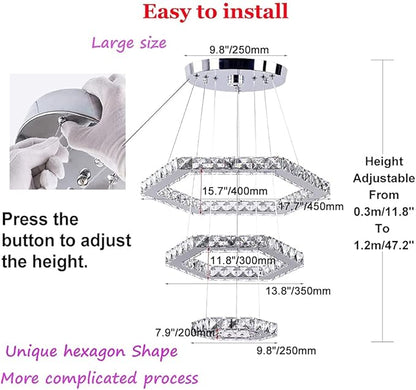 Modern Crystal Chandeliers Big 3 Rings LED Ceiling Light Adjustable Stainless Steel Pendant Light for Bedroom Living Room Dining Room (6500K Cool White)(25cm+35cm+45cm)