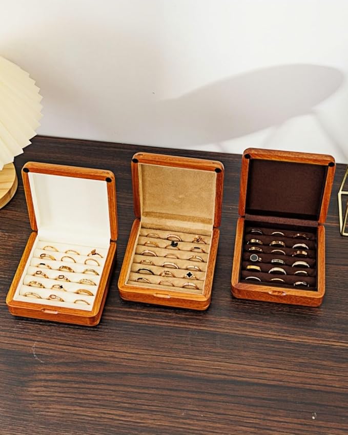 Solid Wood Ring Organizer, Handmade Walnut Jewelry Case for Multiple Rings, Cufflinks, Earrings - Portable Travel Size - Wooden Vintage Gift for Women, Valentine, Mother's Day