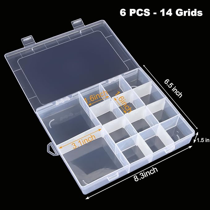 36 Grids Plastic Organizer Box with Dividers - 36 Compartment Organizer, Clear Tackle Box Organizers and Craft Storage with Removable Divider, Fishing Organizer Box (14 Grids - 6PCS)
