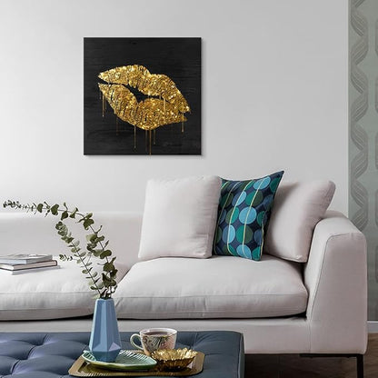 Black and Gold Lip Canvas Wall Art Gold Wall Decor Fashion Glam Poster Kiss Picture for Bedroom Bathroom Wall Decoration Ready to Hang 20x20Inch