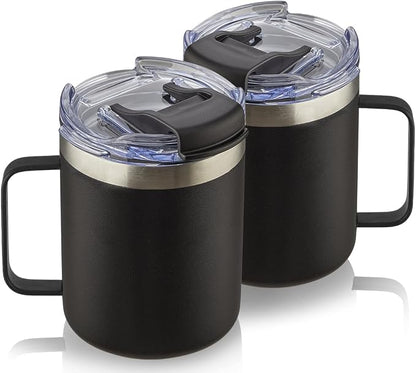 12oz Stainless Steel Insulated Coffee Mug with Handle, Double Wall Vacuum Tumbler Cup with Fliping Lid, Black, 2 Pack