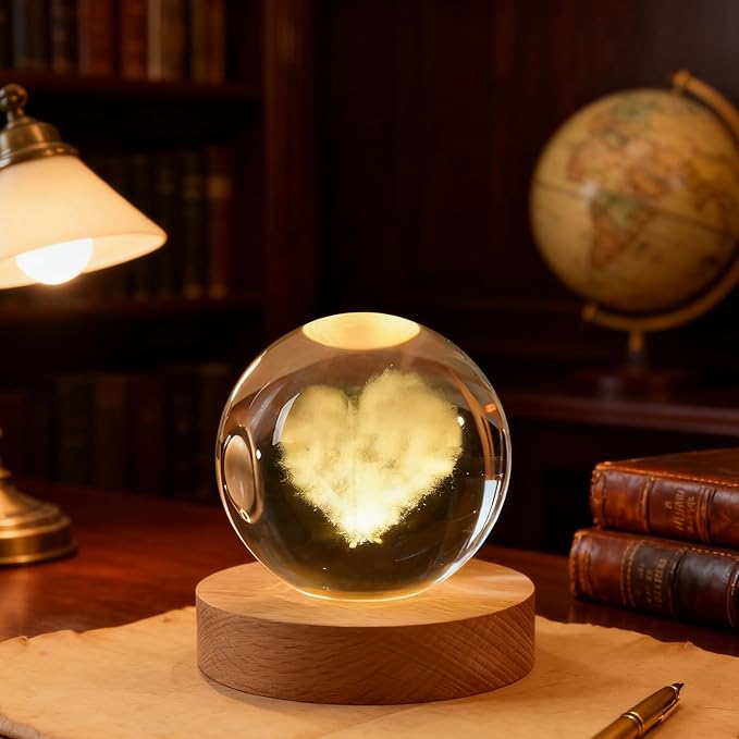 3D Heart Love Crystal Ball, 2.4 inch Valentines Day Decoration Quartz Glass Ball, Lovely Sphere Light Crystal Display Cute Sculpture Home Decor Gifts for Mom Women Grils Friends Office Table