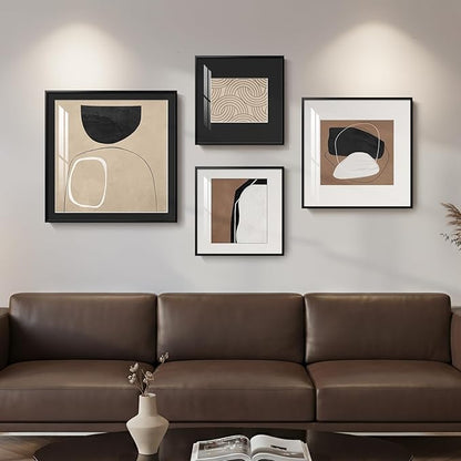 Framed Abstract Wall Art Set of 4, Large Modern Minimalist Canvas Decor Prints, Black and Brown Geometric Boho Neutral Pictures Paintings for Living Room, Bedroom, Dining, Office and Hallway