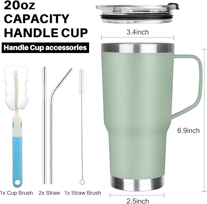 20 oz Tumbler with Handle, Stainless Steel Insulated Tumbler with Lid and Straw, Double Wall Vacuum Coffee Mug Tumbler, Insulated Coffee Thermal Cup for Cold and Hot (Matcha)