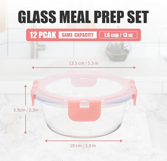 GULFLIN 12 Pack 13oz Small Glass Food Storage Containers with Lids Airtight, Leak-Proof Round Meal Prep Containers Set, Freezer to Microwave Safe, Dishwasher Safe