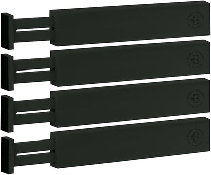 4-Pack Bamboo Drawer Dividers - 2.6 Inches High, Adjustable 16 to 22 Inches Expandable Drawer Organizers and Dresser Separators for Clothes, Utensils, Bedroom, Bathroom, Kitchen, Office, Black Wood