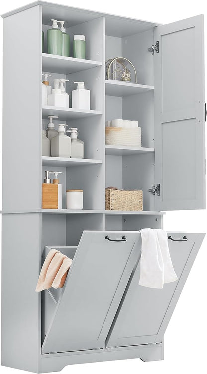 Merax Cabinet with Tilt-Out Laundry Hamper Basket, Tall Bathroom Storage Organizer Linen with Open Shelf for Home, Freestanding, Gray