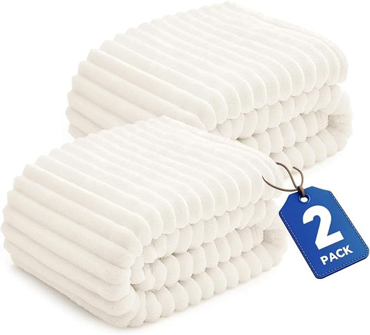 BEDELITE Fleece Throw Blanket for Couch - 300GSM Soft & Warm Fluffy Cream White Blanket, Decorative and Giftable Striped Blankets for Women, Men, 50"x60" (Pack of 2)