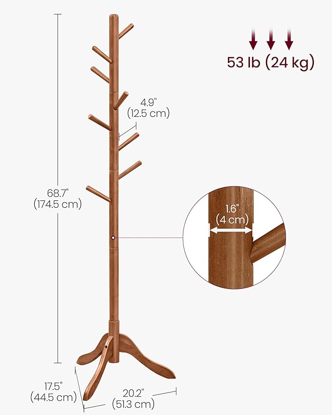 VASAGLE Solid Wood Coat Rack, Free Standing Tree-Shaped Coat Rack with 8 Hooks, 3 Height Options, for Clothes, Hats, Bags, Living Room, Bedroom, Home Office, Caramel Brown URCR01WN