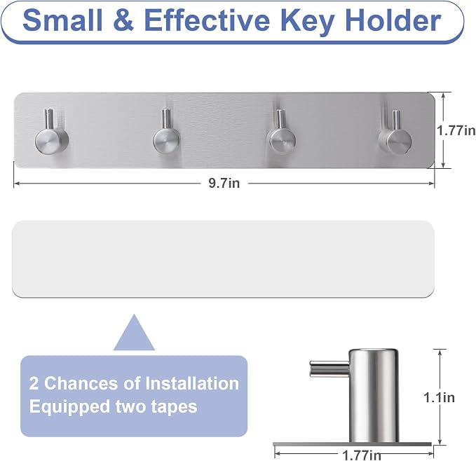Key Holder with 4 Hooks,Key Hanger Organizer for Wall Mount with 2 Self-Adhesive Tapes,Metal Key Rack for Entryway, Door, Bathroom, Kitchen(Silver)