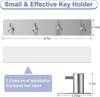 Key Holder with 4 Hooks,Key Hanger Organizer for Wall Mount with 2 Self-Adhesive Tapes,Metal Key Rack for Entryway, Door, Bathroom, Kitchen(Silver)