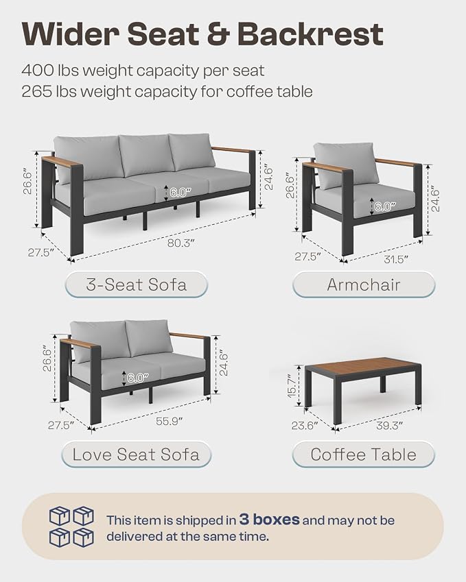 Aluminum Outdoor Patio Furniture Armchair, All-Weather Outdoor Patio Sofa with Washable Thick Cushion, Patio Sofa Couch Set of 2 for Porch, Balcony, Deck, Yard, Gray