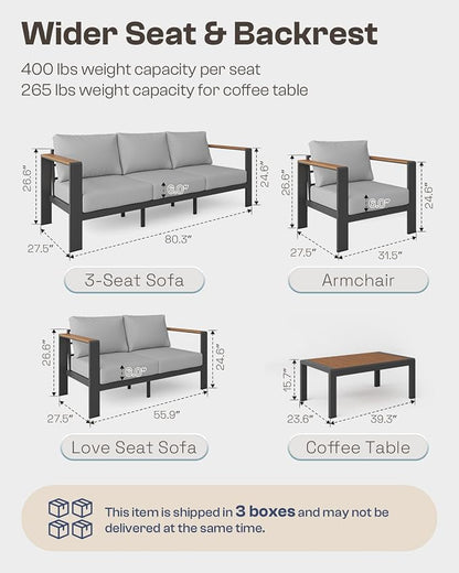 Aluminum Outdoor Patio Furniture Armchair, All-Weather Outdoor Patio Sofa with Washable Thick Cushion, Patio Sofa Couch Set of 2 for Porch, Balcony, Deck, Yard, Gray