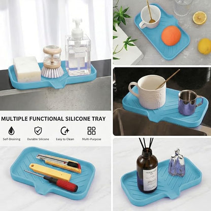 MicoYang Silicone Soap Dish with Drain Spout — Self-Draining Sink Organizer Tray for Bathroom & Kitchen, Sponges, Dispensers & Soap Holder, Non-Slip & Dishwasher Safe, Light Blue (Medium, 9.6"×5.3")