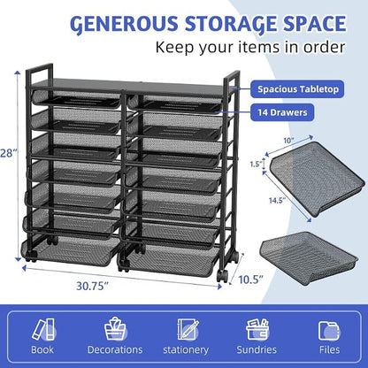 Simple Trending 15-Tier Rolling File Cart, Desk File Organizer with 14 Mesh Sliding Trays, Letter & Legal Paper Storage Rolling Utility Cart for Office Home School, Black