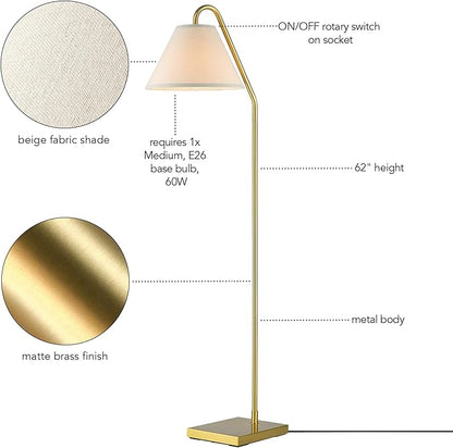 GLOBE Electric 62" Floor Lamp, Matte Brass Finish, Beige Fabric Shade, On/Off Rotary Switch, 6-Ft Clear Cord, Cozy Glam Style, E26 Base, 61000147