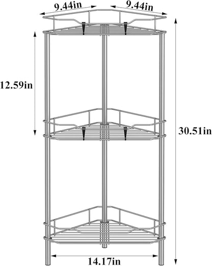 3 Tier Floor Standing Corner Shower Caddy Organizer Shelf with Hooks, Bathroom Shelves Stand Rack, Gray
