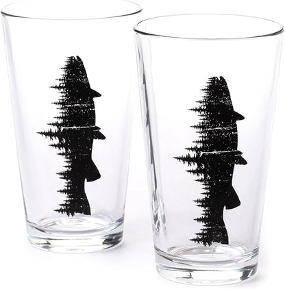 Pint Glasses with Fish and Forest Screen Print - 16 oz. Beer Glasses for Craft Beer - Fishing Gifts and Glasses for Fisherman - Trout and Forest