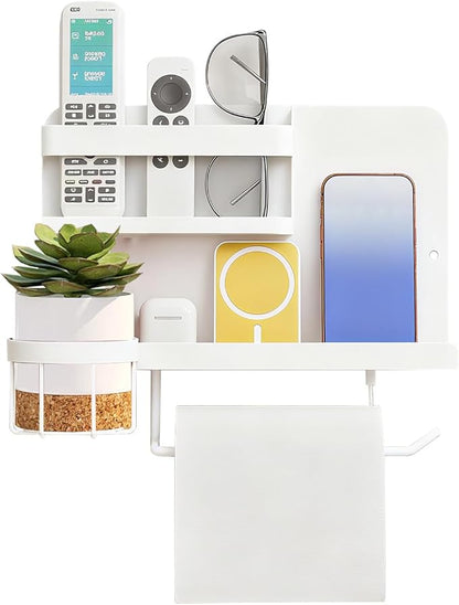 Bedside Wall Organizer Metal Shelf with Cup & Tissue Holder – Waterproof Wall Storage Rack for Dorm Room, Bathroom, Kitchen, and Office (White)