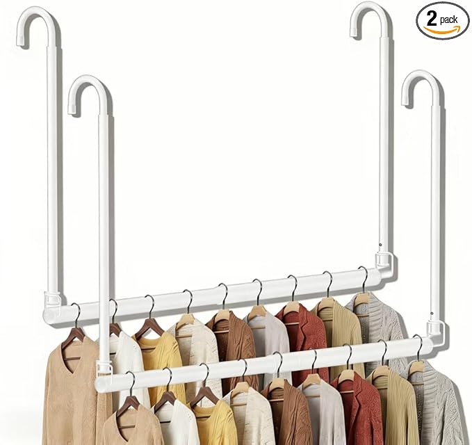 2 Pack Stepless Extender Closet Hanging Rod - Heavy Duty Closet Rods for Hanging Clothes, Adjustable Width & Height, Space-Saving White Closet Organizer for Hanging & Drying, Easy to Install