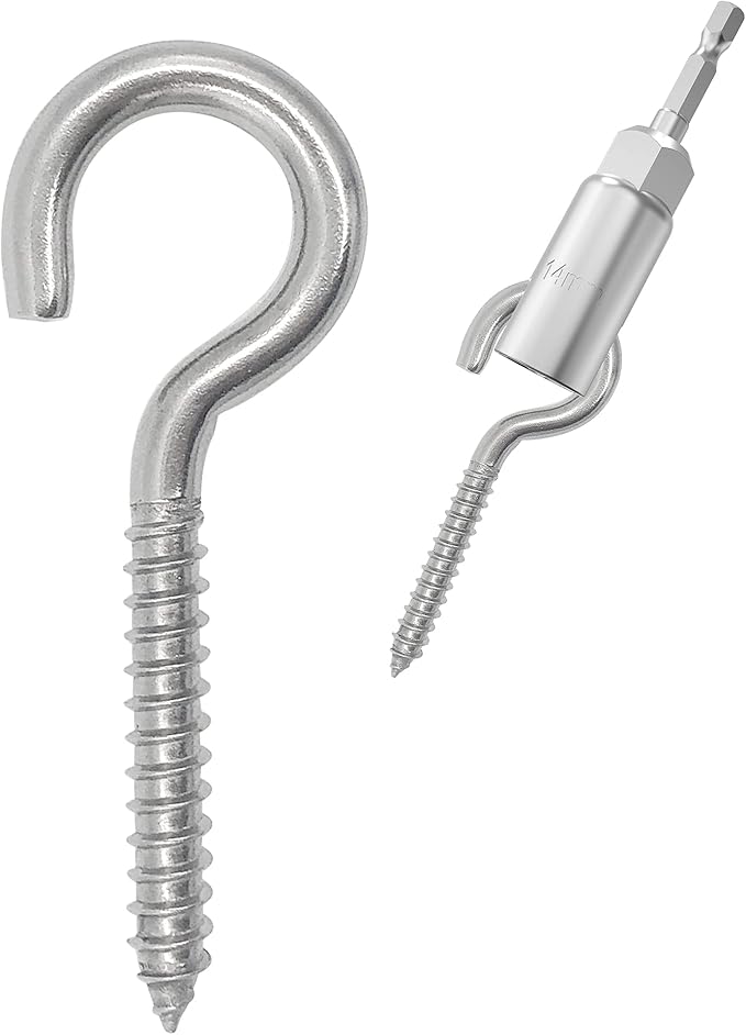 304 Stainless Steel Screw-in Hooks, Heavy-Duty Eye Hooks for Wood, Christmas Lighting (14 pcs + 1/4" Hex Shank Wing Nut Driver)