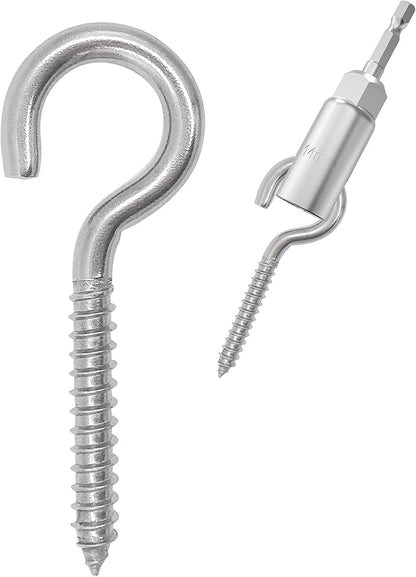 304 Stainless Steel Screw-in Hooks, Heavy-Duty Eye Hooks for Wood, Christmas Lighting (14 pcs + 1/4" Hex Shank Wing Nut Driver)
