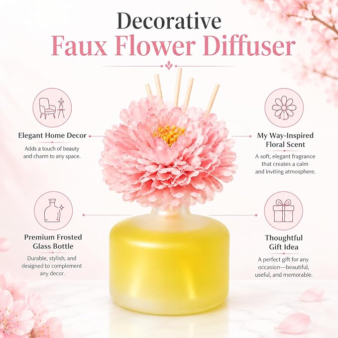 Reed Diffuser for Home – Inspired by My Way Fragrance – 3.38 Fl Oz – Includes Sakura Cherry Blossom Decorative Flower – Long Lasting Fragrance – Room Freshener for Bedroom, Bathroom, Office