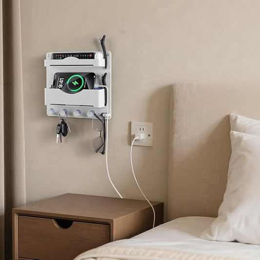 Bedside Wall Shelf with Glasses Hooks, Adhesive Bedside Organizer Wall Mount for Dorm and Room Accessories Phone，Remote，Earphone， Kindle (White)