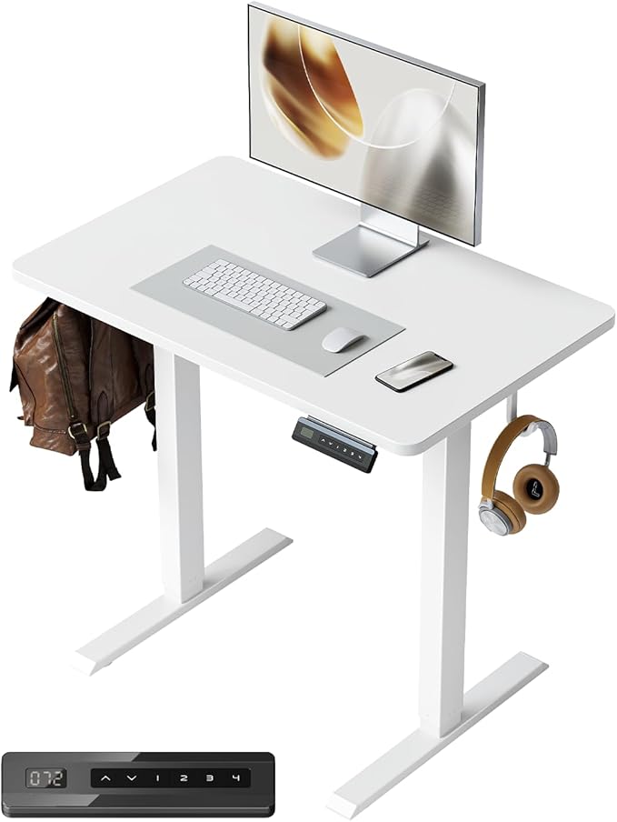 FEZIBO One-Piece Standing Desk Adjustable Height Stand up Home Office Desk, 32x20 Inch Electric Standing Computer Desk, with 4 Memory Presets, Headphone Hook, White