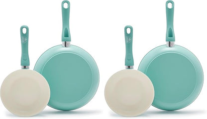 GreenLife Non Stick Fry Pan Set 7" & 10", Non-Toxic PFAS-Free Ceramic Skillet, Dishwasher & Oven Safe, Egg Omelet Frying Pan, Stay- Cool Handles, Kitchen Home Cooking Essentials, Turquoise (Pack of 2)