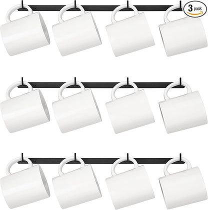 Dahey Metal Coffee Mug Rack Wall Mounted with 12 Mug Hooks, Set of 3, Mug Display Rack Cup Holder Storage for Kitchen Dining Room Coffee Bar, Black