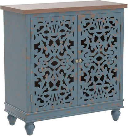 Sophia & William Accent Cabinet with 2 Doors, Distressed Storage Cabinet with Wood Frame and Hollow-Carved Door for Entryway Living Room, Blue