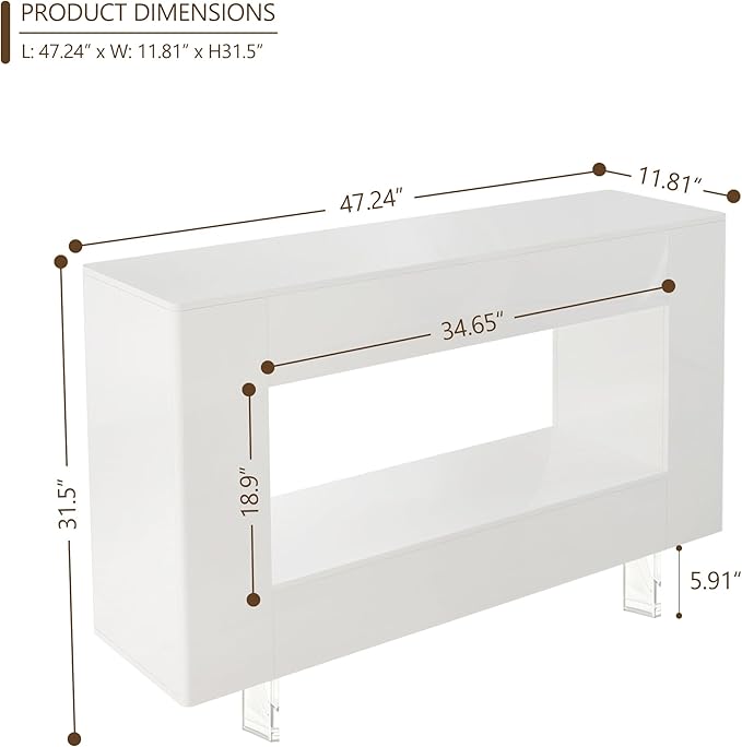 47" High Gloss Console Table with Hidden Side Storage Cabinets, Adjustable Shelves, Modern Entryway Sofa Table for Behind The Couch, Living Room, Hallway, White