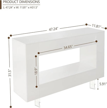 47" High Gloss Console Table with Hidden Side Storage Cabinets, Adjustable Shelves, Modern Entryway Sofa Table for Behind The Couch, Living Room, Hallway, White