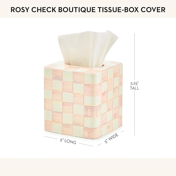 MACKENZIE-CHILDS Boutique Square Tissue-Box Cover, Tissue Holder for Home Decor, Pink-and-White Rosy Check